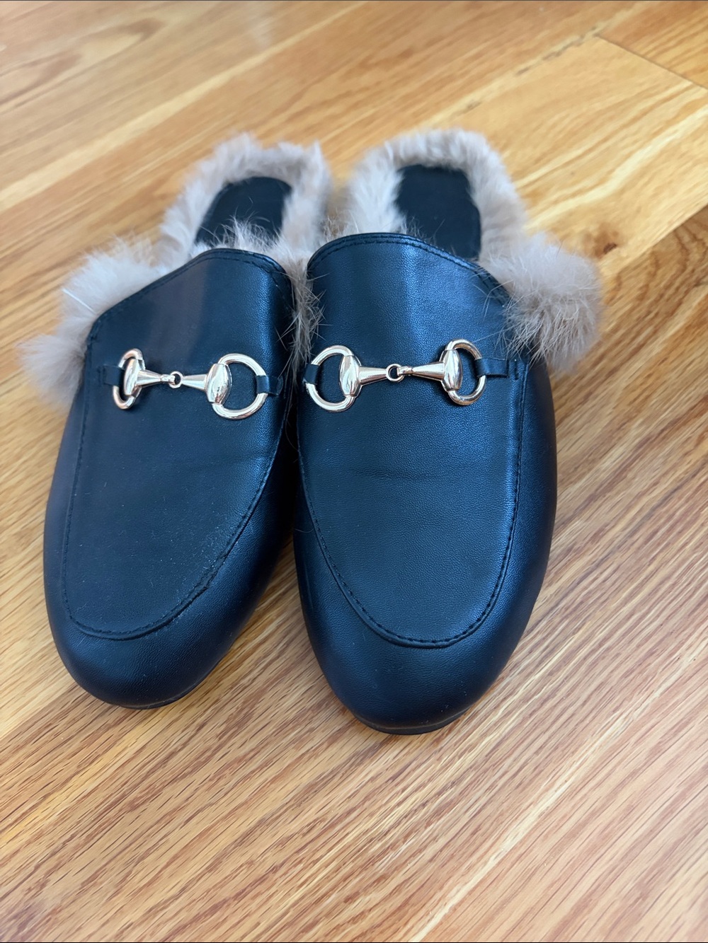 Black Faux Leather Fur-Trim Slip-On Mules with Gold Bit Detail